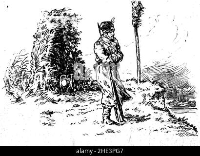 Gardes roumains empêchant l'importation d'armes de Russie pour la Bulgarie - Dorobanti sentinelle sur les rives du Pruth. Banque D'Images