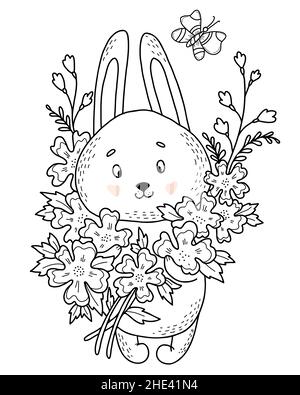 Joli lapin avec grand bouquet de fleurs et papillon volant.Illustration vectorielle.Carte postale de style gribouillages linéaires dessinés à la main.Drôle d'animal pour d Illustration de Vecteur