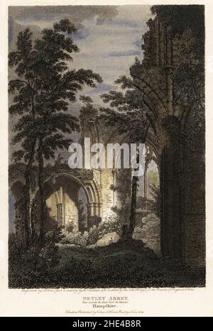 Netley Abbey, Hampshire, vue vers l'est depuis le transept.Ruines d'une abbaye cistercienne de 13th siècles détruites lors de la dissolution des monastères par Henri VIII.On rapporte que Jane Austen a visité Netley, trouvant son inspiration pour son roman l'abbaye de Northanger (publié en 1817).Gravure sur plaque de coperplate de couleur main par J. Storer après un dessin de Francis Nicholson après un croquis de feu Edward Dayes pour les beautés de l'Angleterre et du pays de Galles, publié par Vernor et Hood, Poultry, Londres, 1805. Banque D'Images