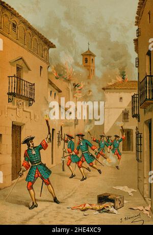 Histoire de l'Espagne.Guerre de succession d'Espagne.Siège de Játiva (8 mai au 6 juin 1707).Après la victoire des troupes Bourbon de Philippe V, il ordonna l'incendie de toutes les maisons détenues ou occupées par ceux qui lui avaient été hostiles dans la ville, une action qui fut exécutée par les troupes françaises d'Asfeld.Destruction de Játiva.Illustration par J. Alaminos.Chromolithography.'Historia général de España' (Histoire générale de l'Espagne) par Miguel Morayta.Volume V. Madrid, 1891.Auteur: Juan Alaminos.Artiste espagnol de la seconde moitié du 19th siècle. Banque D'Images