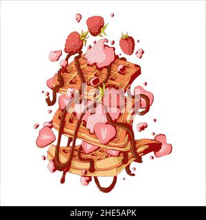 Illustration vectorielle dessinée à la main de gaufres viennoises ou belges avec fraise, sirop de chocolat et crème fouettée dans le style comix, isolée sur W Illustration de Vecteur