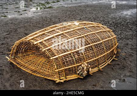 Un piège traditionnel de pêche en bambou tissé sur une plage de sable noir volcanique, Manado, Sulawesi du Nord, Indonésie, Océan Pacifique. Banque D'Images