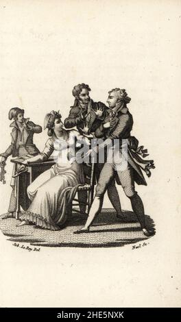 Alexandre Gonsse de Rougeville présente une nation à Marie-Antoinette devant son guerrier Jean-Baptiste Michonis.La carnation a tenu une note avec un complot pour la libérer de la prison de la conciergerie.Gravure en copperplate par Noel après une illustration de Sébastien Leroy de Marie Antoinette, Archiduchesse d'Autriche, Reine de France, chez le Fuel, Paris,1815. Banque D'Images