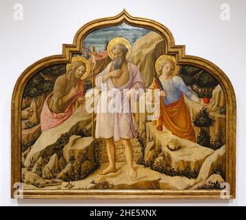 Saint Jérôme dans le désert avec les saints Jean-Baptiste et Ansanus, Filippo Lippi, Italie, c.1455, température sur le panneau Banque D'Images
