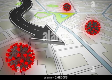 3D rendu du navigateur GPS met en valeur des points avec un nombre élevé de contagion Covid-19 Banque D'Images