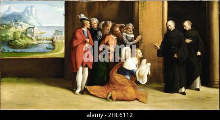 Saint Nicolas de Tolentino ressuscitant un enfant par Benvenuto Tisi. Banque D'Images