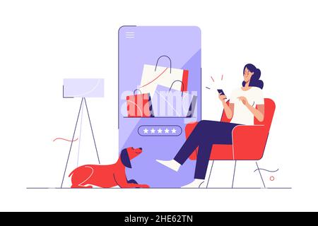 Illustration vectorielle sur le thème des achats en ligne, de la notation des marchandises, de la rétroaction positive.Contour modifiable Illustration de Vecteur