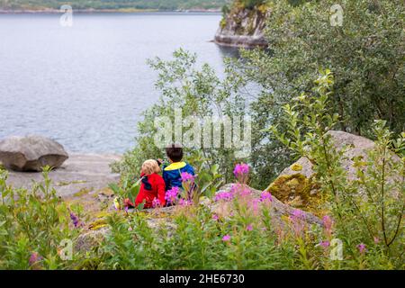 De beaux enfants, de jolis garçons, assis sur un rocher au bord d'un fjord à Lofoten, en Norvège Banque D'Images