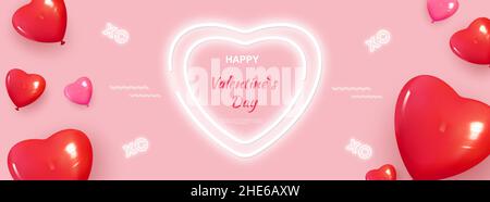 Happy Valentine s Day romantique bannière créative, en-tête horizontal pour le site Web.Arrière-plan réaliste 3D ballons décoratifs festifs en forme de Illustration de Vecteur