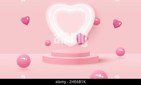 Scène minimaliste avec podium cylindrique rose, cadre en forme de coeur et ballons volants en forme de coeur.Balles rebondissantes.Étape de démonstration du produit Illustration de Vecteur