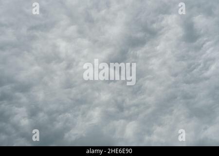 Épais nuages moelleux dans différentes nuances de gris.Cloudscape convient comme arrière-plan avec beaucoup d'espace de copie. Banque D'Images