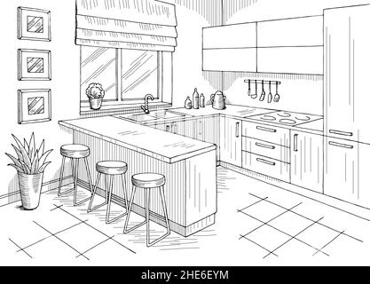 Intérieur de la salle de cuisine noir blanc graphique dessin illustration vecteur Illustration de Vecteur