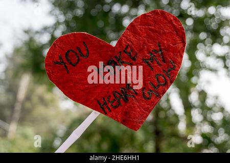 Un motif en forme de coeur rouge amour avec VOUS FAIT BRILLER MON COEUR écrit sur pour la Saint-Valentin. Banque D'Images