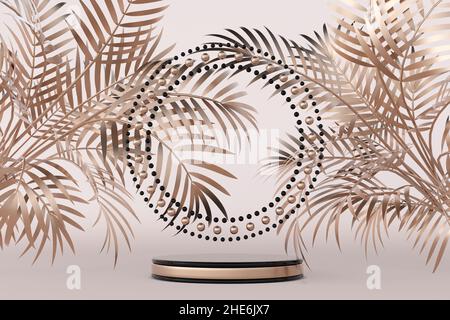 3D piédestal de podium doré avec feuilles de palmiers abstraites.Studio géométrique avec étapes pour la promotion des produits de la marque.Fond créatif pour la publicité Banque D'Images