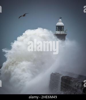 Des vagues géantes battent le phare et la jetée nord qui gardent l'embouchure du Tyne à Tynemouth, en Angleterre Banque D'Images