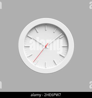 Horloge blanche avec seconde main rouge isolée sur fond gris, illustration de rendu 3D Banque D'Images