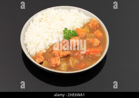 Riz au curry ordinaire japonais (pommes de terre, carottes, oignons et bœuf au curry jaune épicé servi avec du riz cuit à la vapeur), isolé Banque D'Images