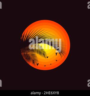 Logo avec feuille de palmier.Silhouette d'une feuille de palmier au coucher du soleil.Resort et spa de l'eau.Vacances d'été.Illustration vectorielle. Illustration de Vecteur