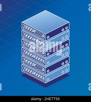 Objet contour isométrique du rack de serveurs sur fond bleu.Illustration vectorielle.Unité du centre de données.3D icône. Illustration de Vecteur