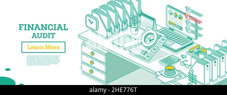 Audit financier.Concept métier isométrique.Rapport de taxe du compte.Ordinateur portable avec calendrier et loupe.Illustration vectorielle.Documents sous Loupe. Illustration de Vecteur