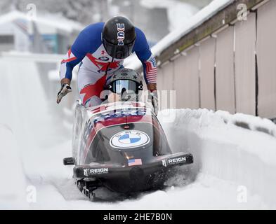 Winterberg, Allemagne.09th janvier 2022.Bobsleigh: Coupe du monde, bobsleigh à quatre hommes, hommes, 2nd run.L'église Pilot Hunter avec Joshua Williamson, Kristopher Horn et Charles Volker des États-Unis terminent troisième.Credit: Caroline Seidel/dpa/Alay Live News Banque D'Images