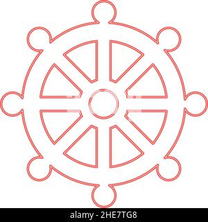 Symbole néon budhisme loi roue signe religieux rouge couleur vecteur illustration image plat style lumière Illustration de Vecteur