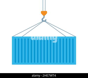 Monte-charge par grue avec conteneur de chargement bleu.Crochet de grue industrielle et conteneur de transport isolé sur fond blanc.Concept d'expédition de fret.Vect Illustration de Vecteur