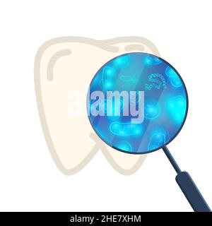 Beaucoup de bactéries et de virus sur la dent humaine sous la loupe sur blanc Illustration de Vecteur