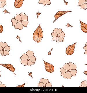 Motif avec fleurs, feuilles et bourgeons d'impatiens aux couleurs automnales sur fond transparent Illustration de Vecteur