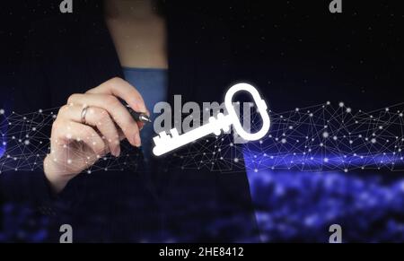 Icône de mot clé Business Internet Technology concept.Main tenant le stylo graphique numérique et dessin hologramme numérique clé signe sur ville noir flou bac Banque D'Images