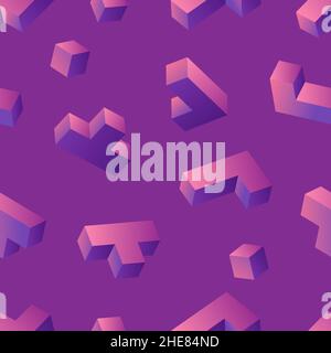 Le Tetris 3D lumineux au néon bloque le motif sans couture sur fond violet.Style vintage 80s.Masque d'écrêtage utilisé. Illustration de Vecteur