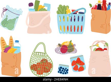 Sac d'épicerie.Achat au supermarché, aliments dans l'emballage.Paniers de dessin animé, sacs en papier avec des marchandises.Mode de vie écologique, fruits et légumes, vecteur décent Illustration de Vecteur