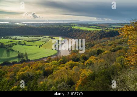 La rivière Wye méandrant c'est chemin à travers la forêt de Dean comme il fait qu'il est moyen de rejoindre la rivière Severn en arrière-plan.Wyndcliffe Gloucestershi Banque D'Images