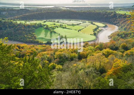 La rivière Wye méandrant c'est chemin à travers la forêt de Dean comme il fait qu'il est moyen de rejoindre la rivière Severn en arrière-plan.Wyndcliffe Gloucestershi Banque D'Images