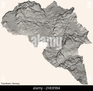 Carte topographique de la ville de TRONDHEIM, NORVÈGE avec lignes de contour noires sur fond beige vintage Illustration de Vecteur