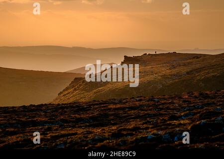 En fin d'après-midi, le soleil d'hiver ramasse un randonneur sur Kinder Scout, parc national de Peak District, Royaume-Uni Banque D'Images