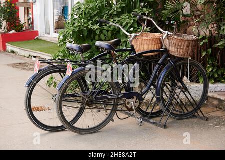 Deux vélos garés sur le côté de la route à Isla Holbox, Mexique Banque D'Images