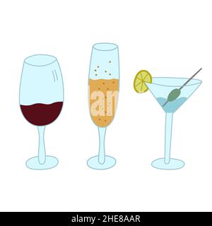 Un ensemble de verres avec vin, champagne et vermouth.Illustration vectorielle simple de verres avec boissons alcoolisées. Illustration de Vecteur