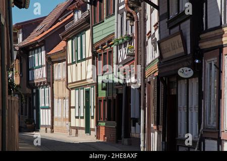 Wernigerode, Fachwerkhäuser in der Kochstraße, Ostharz, Sachsen-Anhalt, Deutschland, Europa | Wernigerode,Kochstreet, Harz, Saxe-Analt, Allemagne, UE Banque D'Images