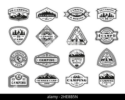 Badges de camping.Panneaux d'aventure, voyageurs en montagne.Emblème de voyage extrême extérieur, patchs de randonnée et de vacances vintage, ensemble de vecteur rétro ordonné Illustration de Vecteur