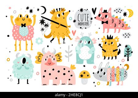 Petits monstres mignons.Personnages de dessin animé amusants.Des créatures fantastiques pour les enfants.Décoration de fête pour enfants d'Halloween.Mascottes et avatars extraterrestres avec visages souriants Illustration de Vecteur