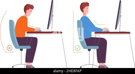 Ordinateur de posture correcte.Poste de travail de bureau de siège ergonomique, personnage assis dans la bonne position au bureau sur la chaise, instruction bonne position droite, illustration de vecteur de dos sain.Posture ergonomique de bureau Illustration de Vecteur