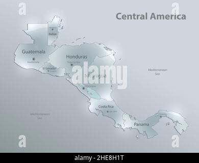 Carte d'Amérique centrale avec capitales d'États, carte de verre de conception 3D vecteur Illustration de Vecteur