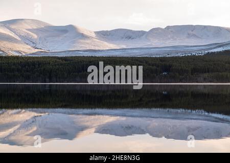 AVIEMORE, HIGHLANDS, ROYAUME-UNI.9th janvier 2022.C'est les Cairngorms avec la neige qui se reflète sur le Loch Morlich avec la formation de glace à Aviemore, Highlands, Écosse, le dimanche 9 janvier 2022.Credit: JASPERIMAGE / Alamy Live News Banque D'Images