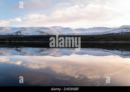 AVIEMORE, HIGHLANDS, ROYAUME-UNI.9th janvier 2022.C'est les Cairngorms avec la neige qui se reflète sur le Loch Morlich avec la formation de glace à Aviemore, Highlands, Écosse, le dimanche 9 janvier 2022.Credit: JASPERIMAGE / Alamy Live News Banque D'Images