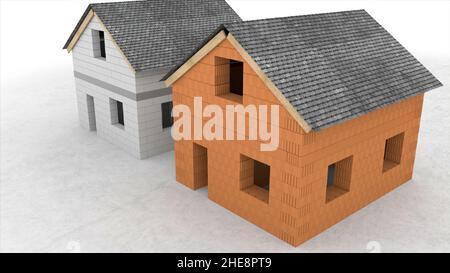 Maison abstraite en brique blanche et brune 3D modèles isolés sur fond blanc.Briques tombant et formant des murs de maison, concept d'architecture. Banque D'Images
