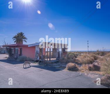 Mecque, CA, Etats-Unis: 04 janvier 2022: Une maison abandonnée et en ruine se trouve vide près de la mer de Salton à la Mecque, CA. Banque D'Images