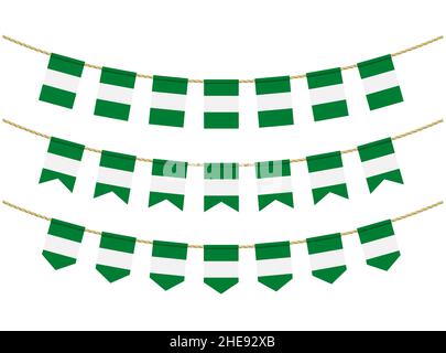 Drapeau nigérian sur les cordes sur fond blanc.Ensemble de drapeaux de bunkting patriotique.Décoration de banderole du drapeau du Nigeria Illustration de Vecteur