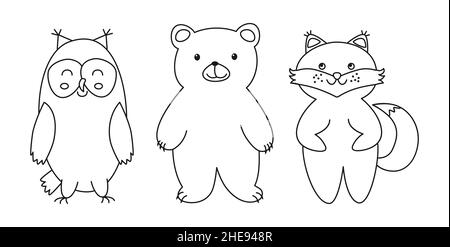 Ligne de silhouette de forêt, ensemble animaux de contour.Ours, renard, hibou.Personnages de Noël avec ambiance nouvel an.Personnages de dessin animé en fourrure pour cartes de vœux et produits ménagers.Illustration vectorielle Illustration de Vecteur