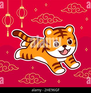 Joli dessin chinois de tigre du nouvel an.Arrière-plan rouge avec nuages et lanternes chinoises.Illustration de clip art vectoriel. Illustration de Vecteur